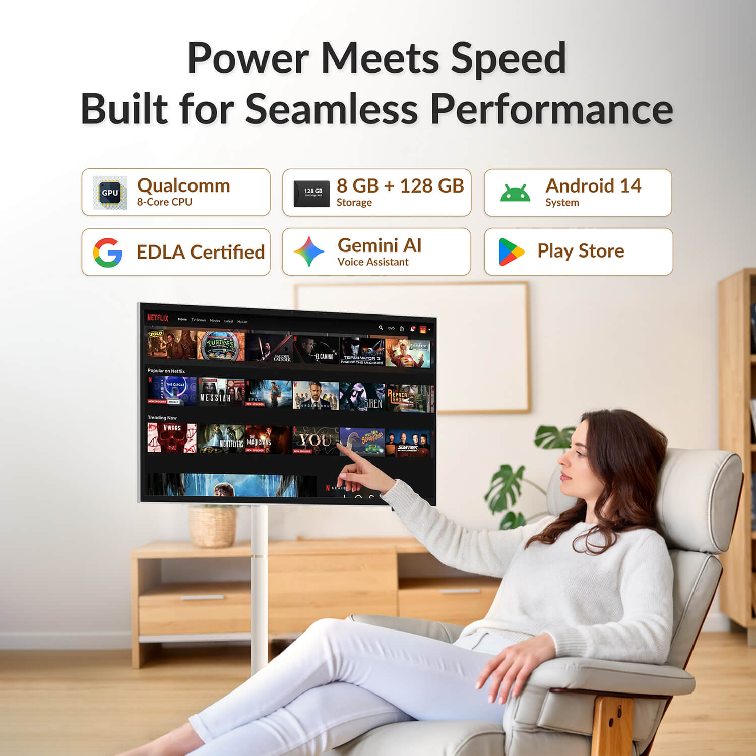 32 inch portable smart TV with 8GB RAM 128GB storage Android system and Google Play support – Nework MoveMate AI