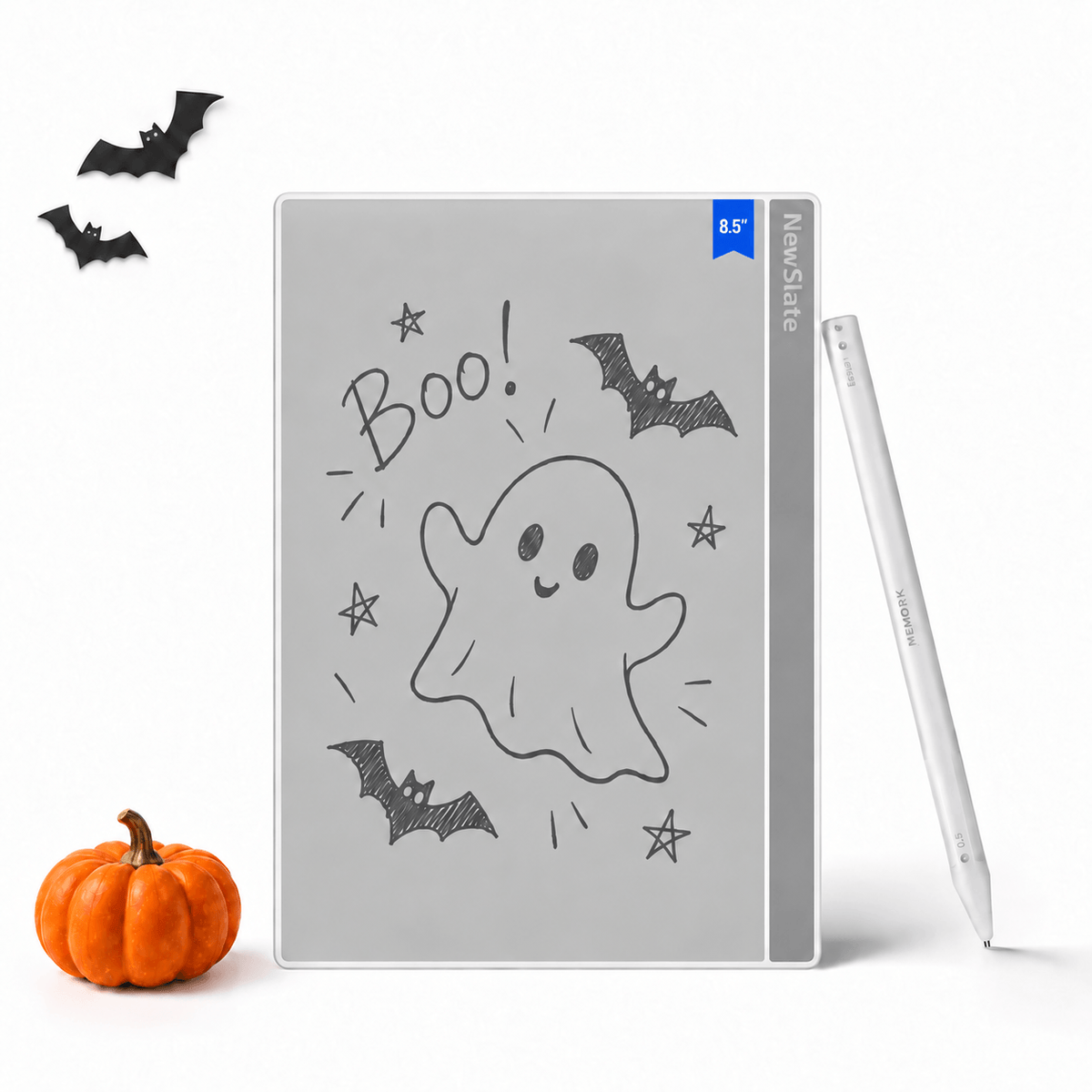 Nework NewSlate 8.5-inch inkless writing tablet with magnetic stylus, featuring Halloween ghost and bat drawings beside a pumpkin.