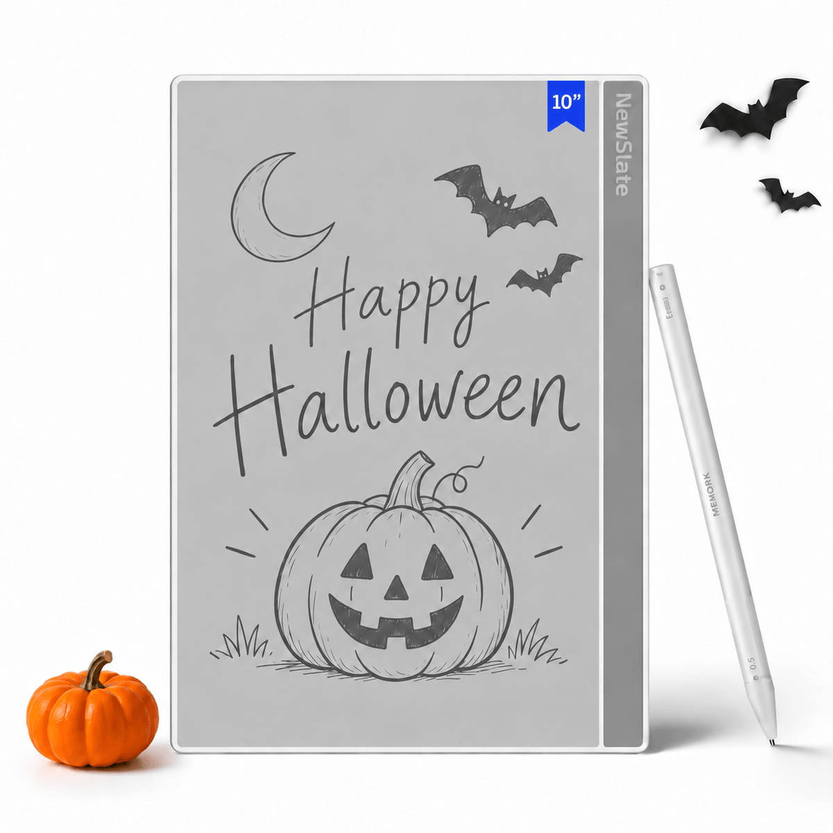 Nework NewSlate 10-inch inkless writing tablet with Halloween pumpkin, bats, and moon drawings, plus a white magnetic pen.