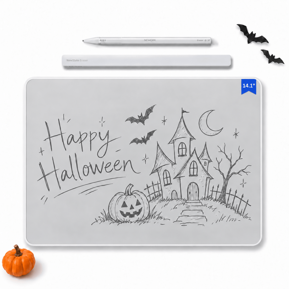 Nework NewSlate 14.1-inch inkless writing tablet with Halloween drawings, a magnetic pen, and a separate eraser on a white background.