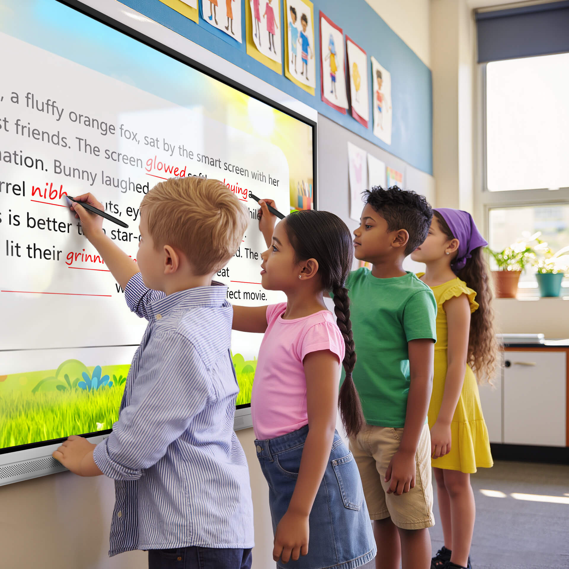 Students interacting with Nework smart whiteboard for hands-on classroom learning