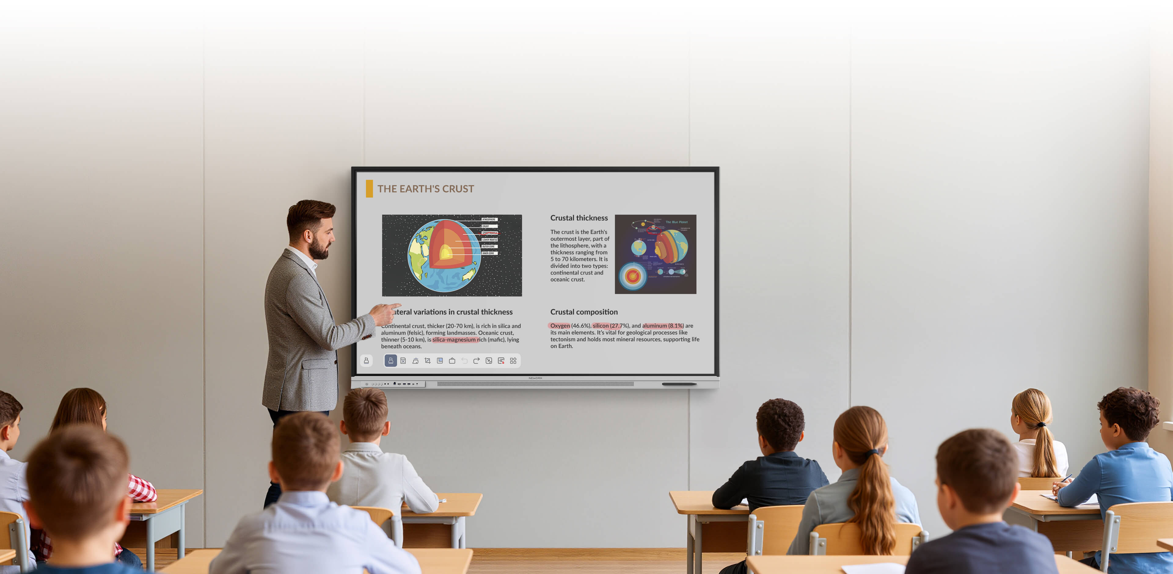 Teacher using Nework 4K interactive smart board in classroom-pc