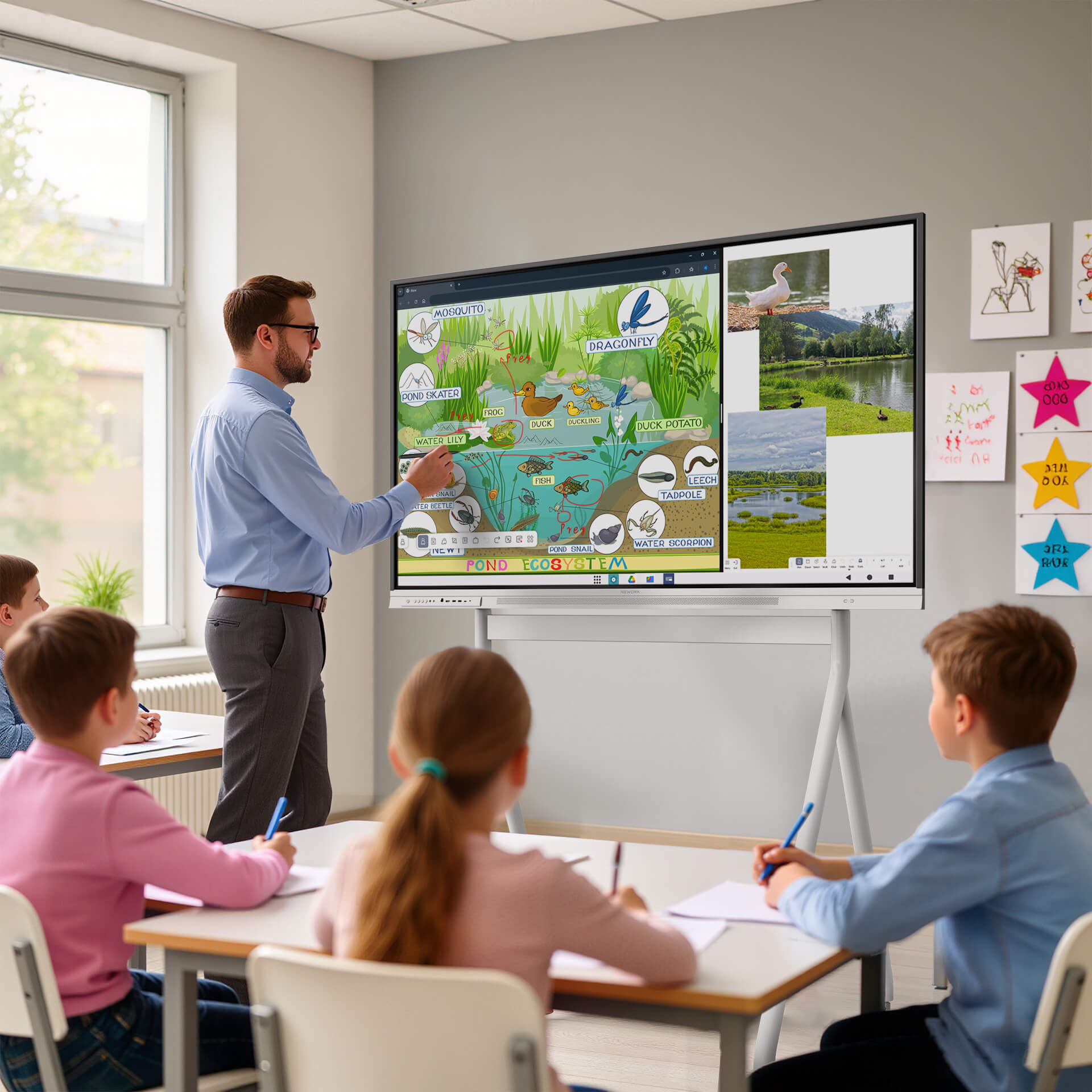 Teacher using Nework interactive smart whiteboard for elementary classroom lesson
