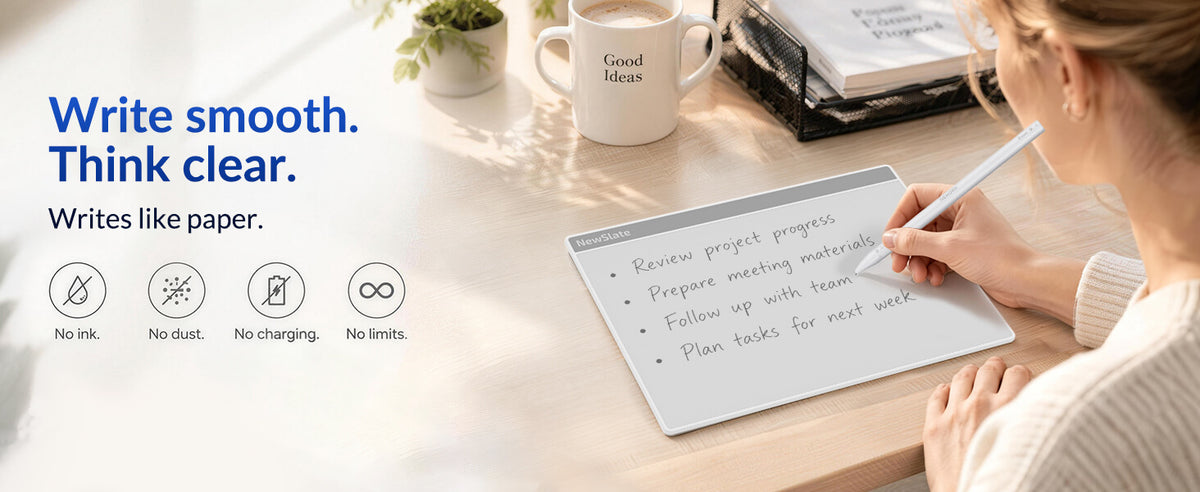Woman writing notes on a Nework NewSlate inkless writing tablet at a desk, featuring paper-like writing with no ink or charging.