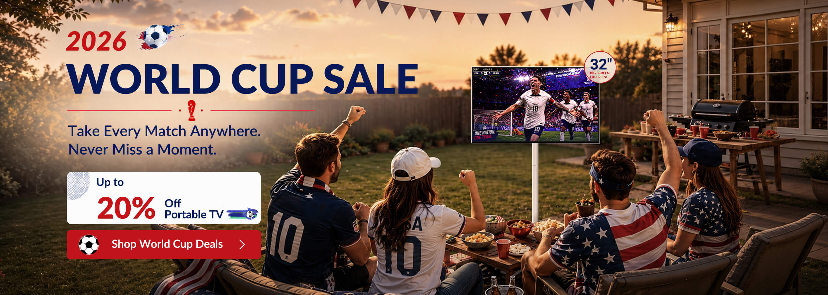 Friends Watching the 2026 World Cup Outdoors with Nework Portable TV in Backyard Patio