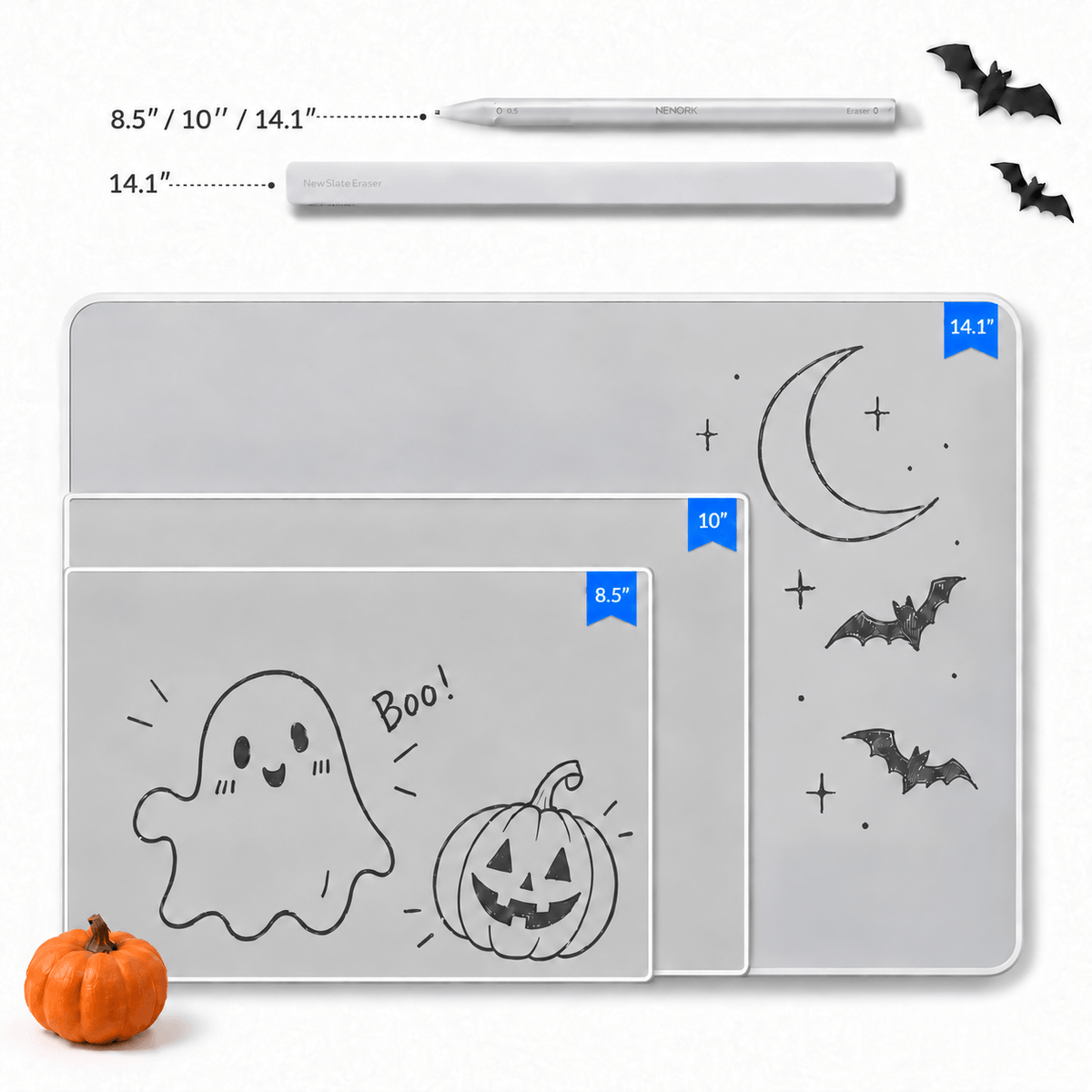 Nework NewSlate inkless writing tablets in 8.5, 10, and 14.1-inch sizes, featuring Halloween drawings, a magnetic pen, and eraser.
