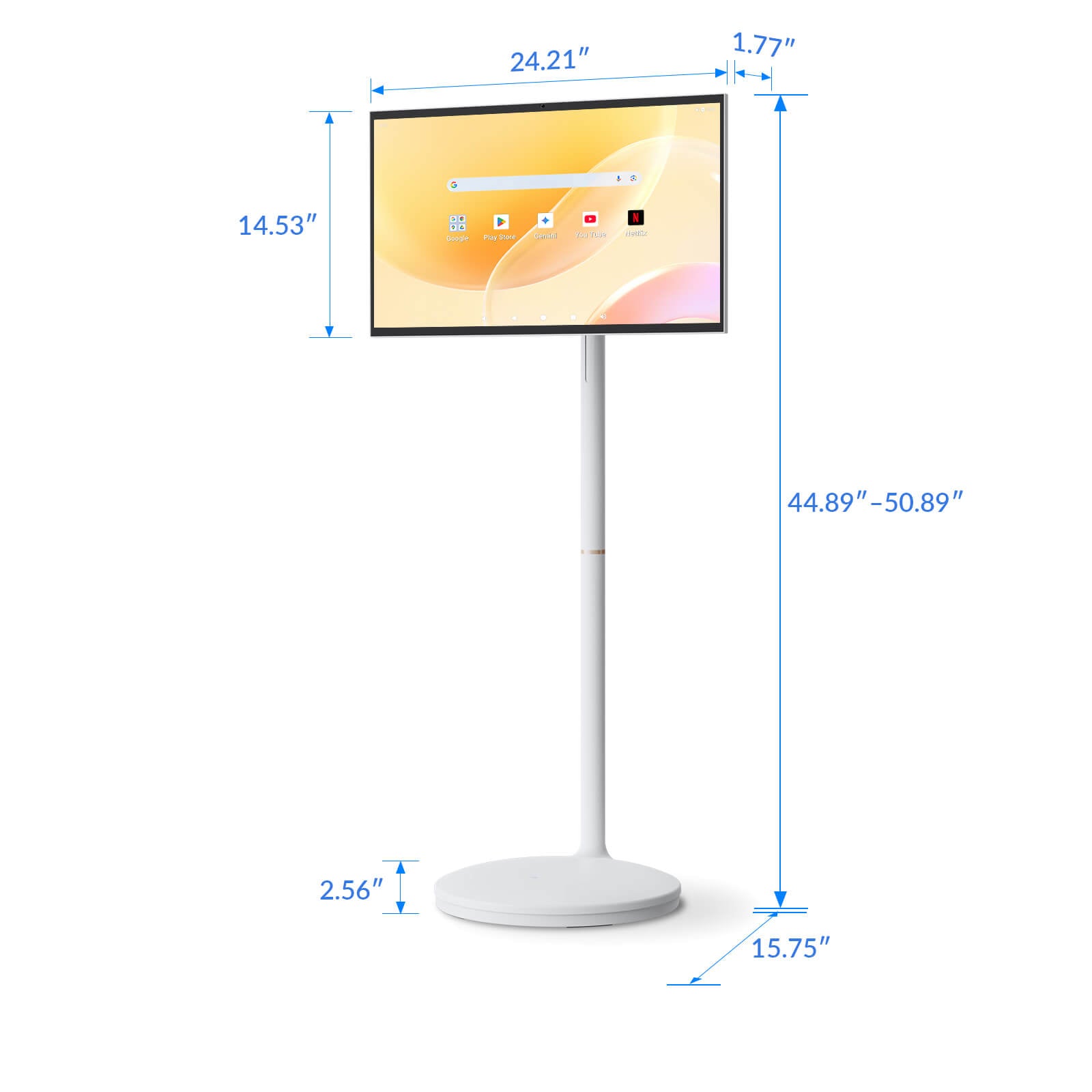 Nework MoveMate AI 27 Portable Smart TV Dimensions and Adjustable Height Stand Specifications