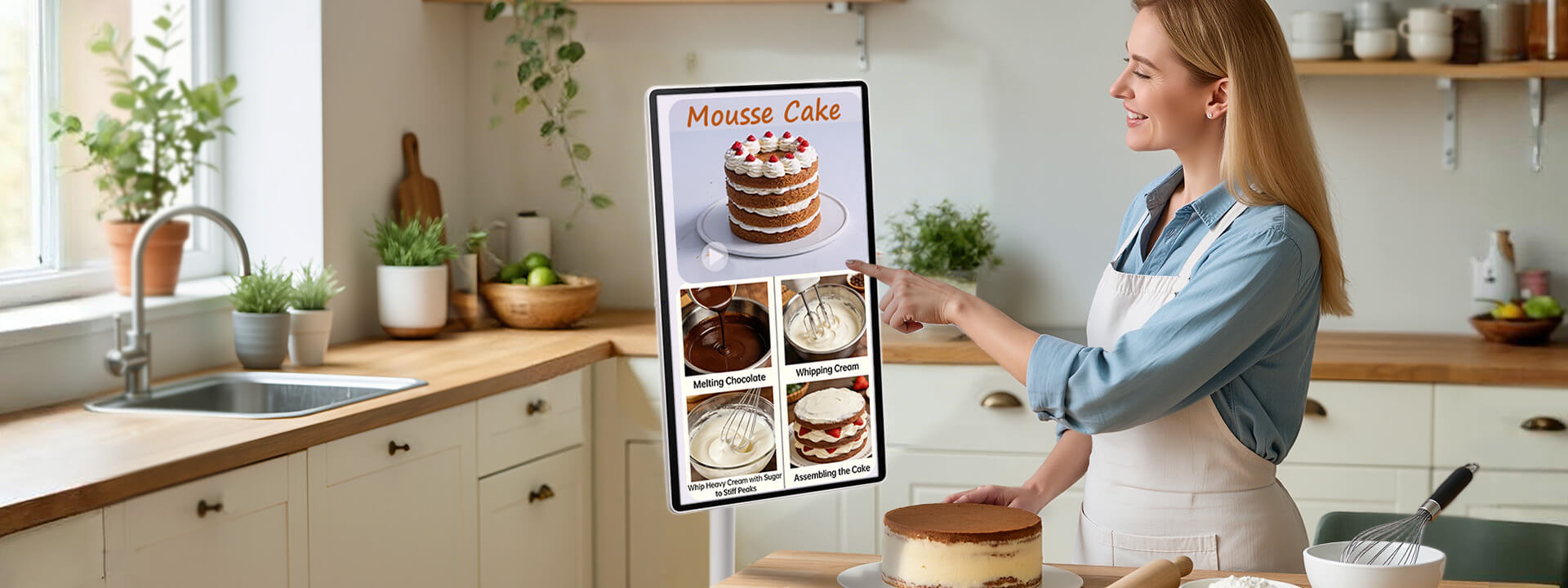 Nework MoveMate portable smart TV in kitchen for cooking recipes with touchscreen and movable stand