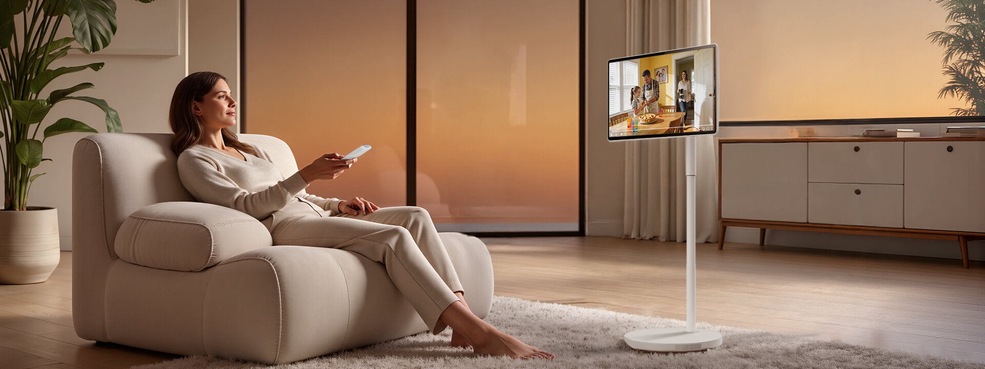 Nework MoveMate portable touchscreen TV home entertainment in living room with adjustable screen and wireless control